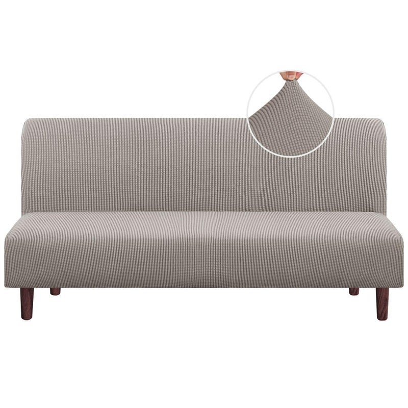 PrinceDeco Stretch Armless Futon Slipcover Full Queen Size Couch Cover Sofa Bed Cover Furniture Protector with Elastic Bottom, Checked Pattern Jacquard, Taupe - Image 1